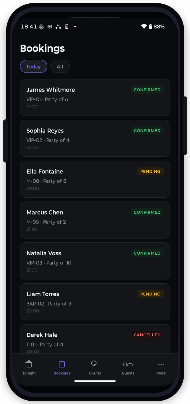 Venue Mobile — bookings screen