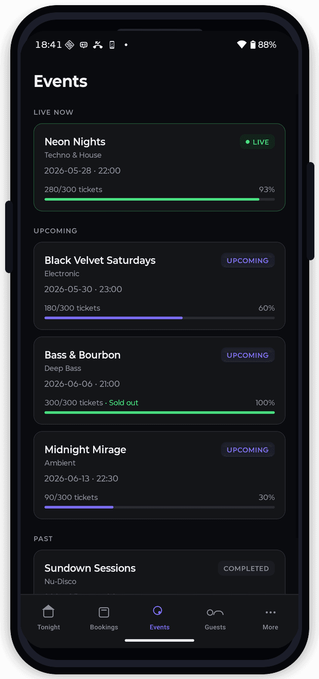 Venue Mobile — events screen