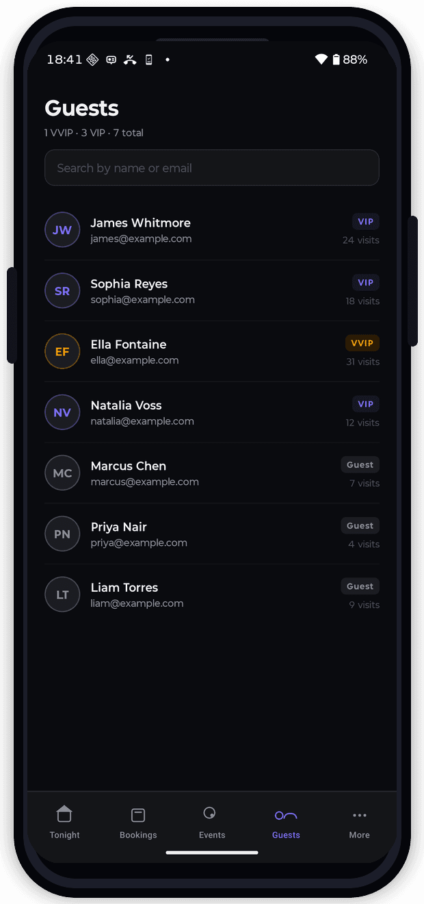 Venue Mobile — guest CRM screen