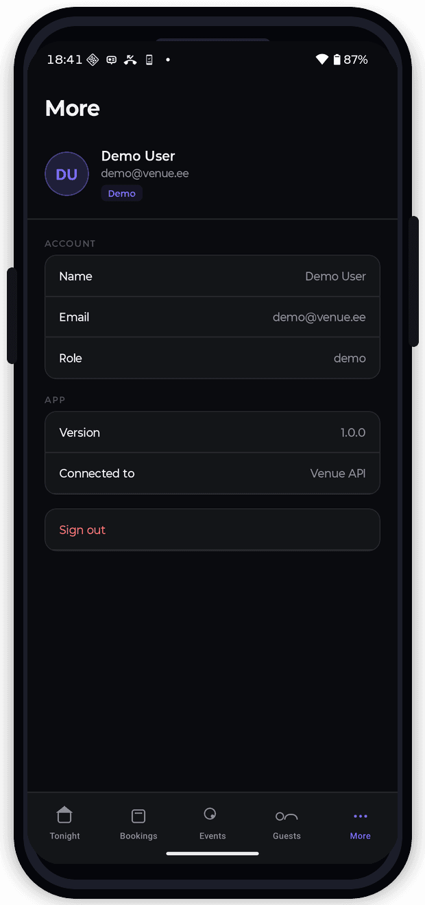 Venue Mobile — profile screen