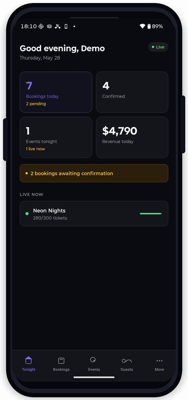 Venue Mobile — tonight dashboard
